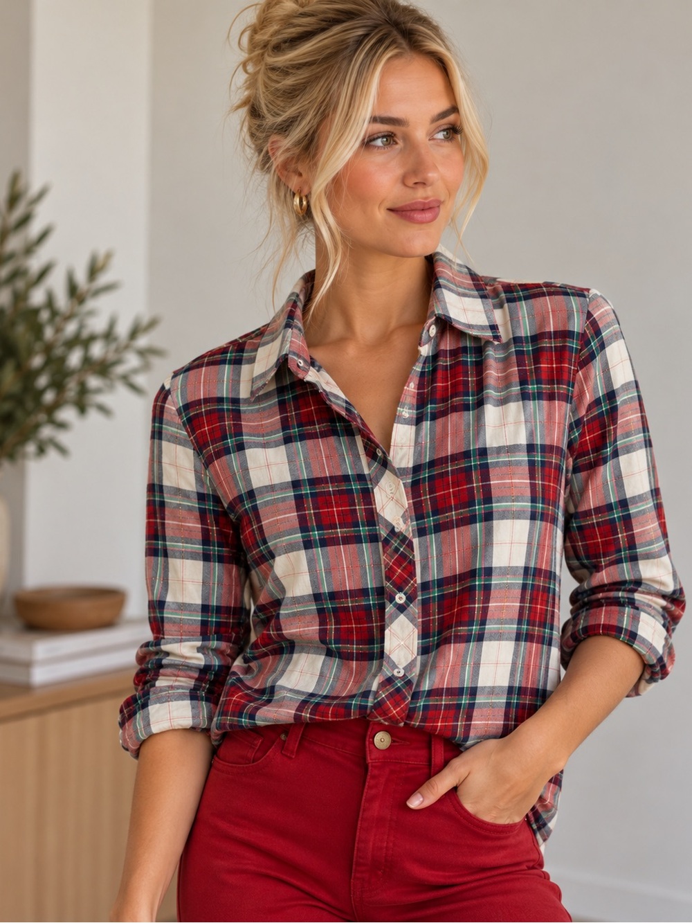 Talbots Plaid Button-Up Shirt Red Navy Green Metallic Gold Women’s